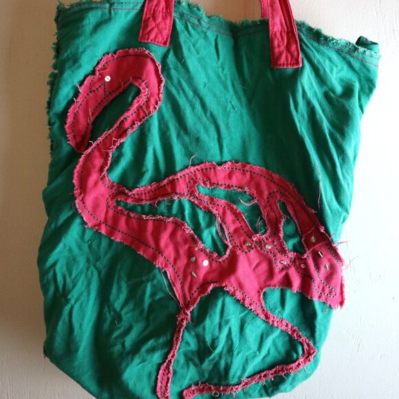 Vintage Old Navy Flamingo Beach Tote Bag Raw Edge Applique Hot Pink Green - Picture 1 of 5
